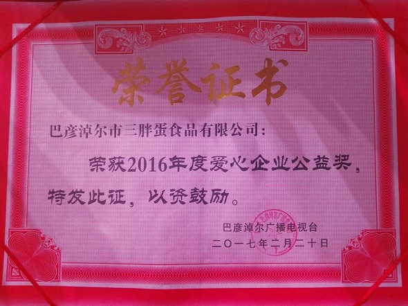 三胖蛋食品有限公司荣获2016年度爱心企业公益奖